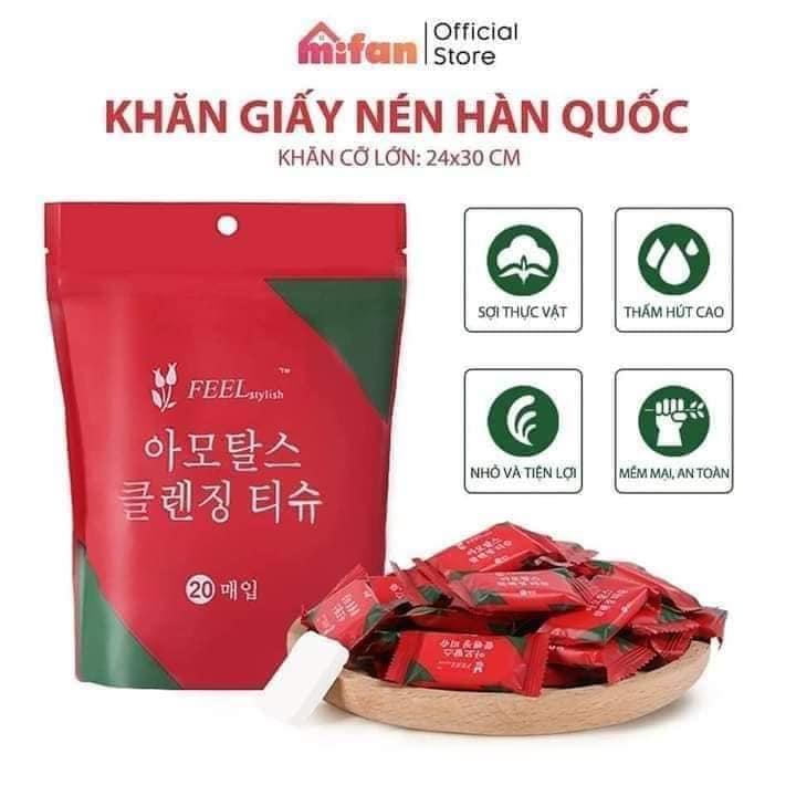 Combo 3 gói 60viên KHĂN GIẤY NÉN CAO CẤP, khăn nén lau mặt, tẩy trang - hình viên kẹo( túi màu đỏ  20 viên)