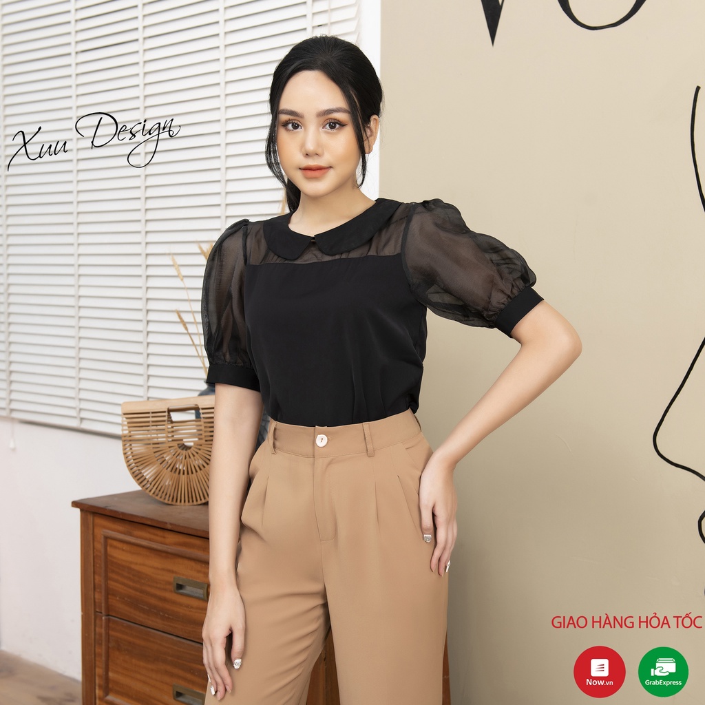 Áo sơ mi nữ công sở vải lụa phối voan tay lỡ cổ sen tròn - XUU DESIGN - SP17