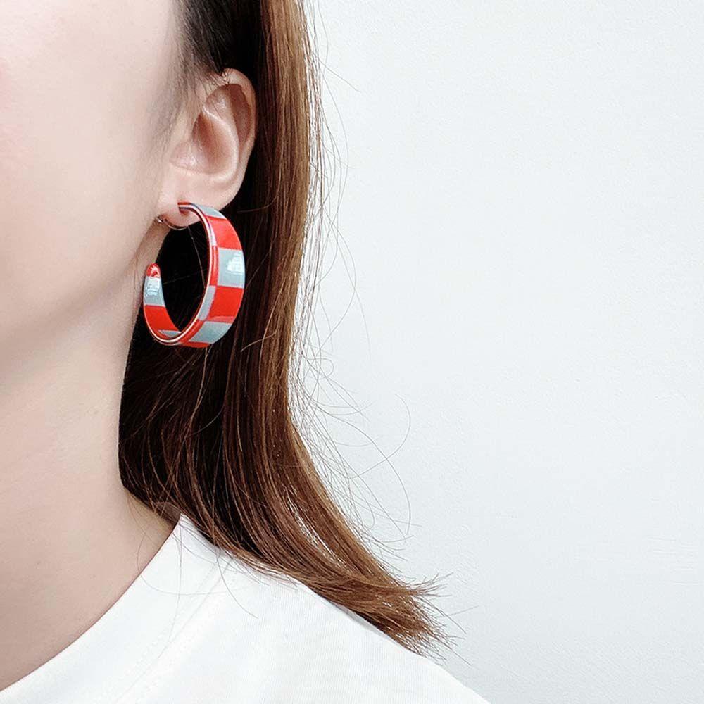 Bông Tai Mạ Bạc 925 Dạng Vòng Hình Chữ C Họa Tiết Kẻ Ô Thanh Lịch|Khuyên Tai Kim Hình Học Thời Trang Nữ Tính