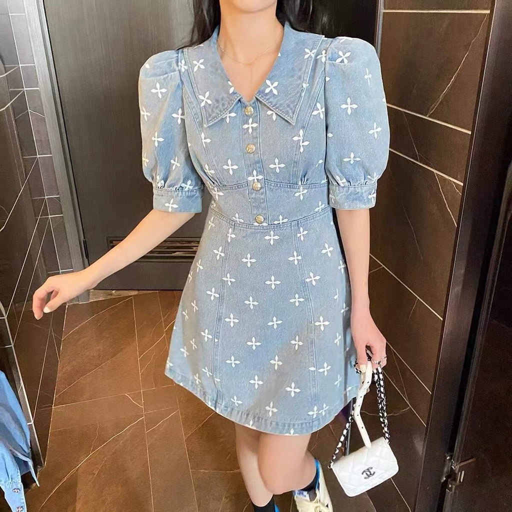 Váy chữ A tay ngắn in họa tiết kiểu Pháp mùa hè 2022 mới cho nữ