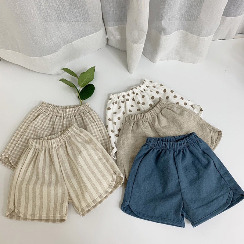 Quần Short Cotton Lanh Họa Tiết Kẻ Sọc Thời Trang Mùa Hè Hàn Quốc Cho Bé