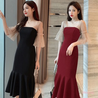 Đầm Đuôi Cá Tay Ngắn Phồng Cổ Vuông Màu Đen Phối Ren Phong Cách Pháp Thời Trang Cho Nữ