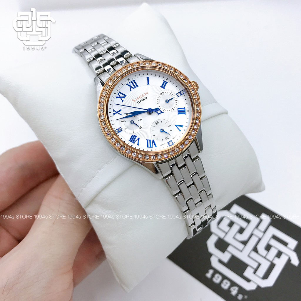 Đồng hồ nữ Casio Sheen SHE-3062 / SHE-3062SG-7A đính đá pha lê Swarovski, chống nước 50m, size 33mm, hàng chính hãng