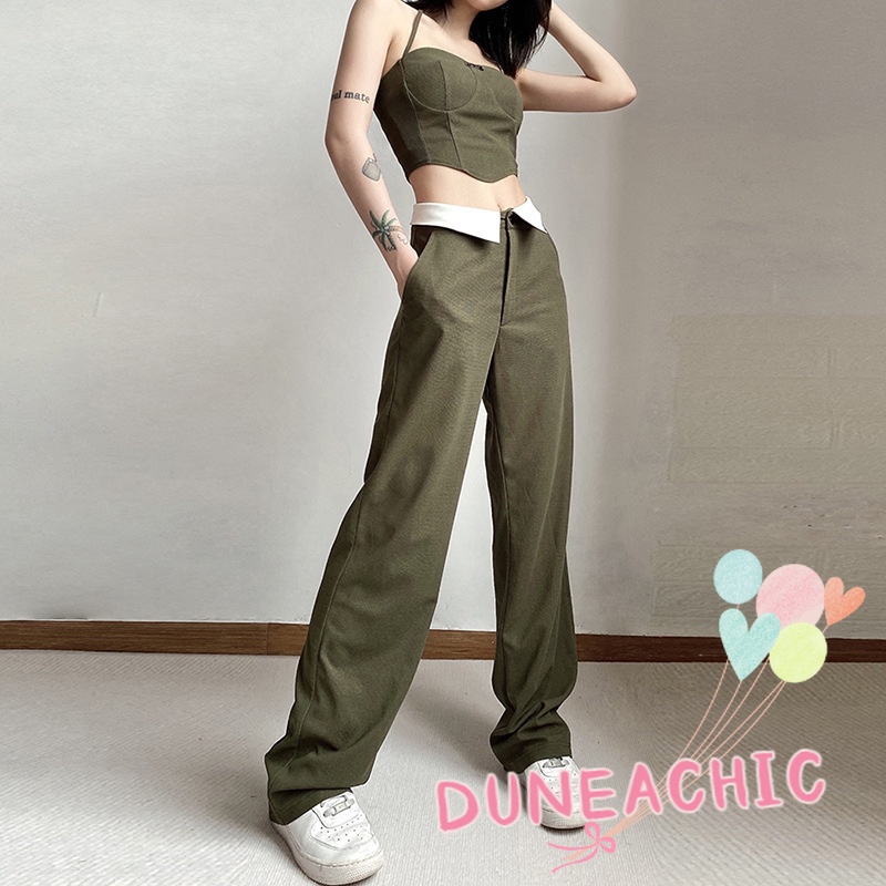 DUNEA Set đồ gồm áo 2 dây lửng và quần dài ống rộng lưng cao thời trang dành cho nữ