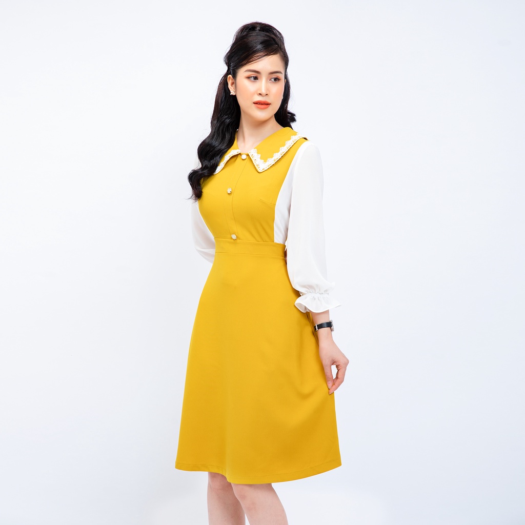 Đầm nữ công sở tay phối voan cổ bèo dự tiệc đính nút trước ngực có túi AMYRA Da144 | BigBuy360 - bigbuy360.vn