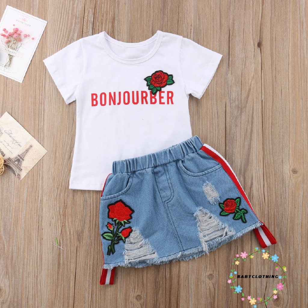 ღWSVღNewborn Kid Baby Girl Cotton Tops T-shirt Floral Skirts Denim Dress Outfit