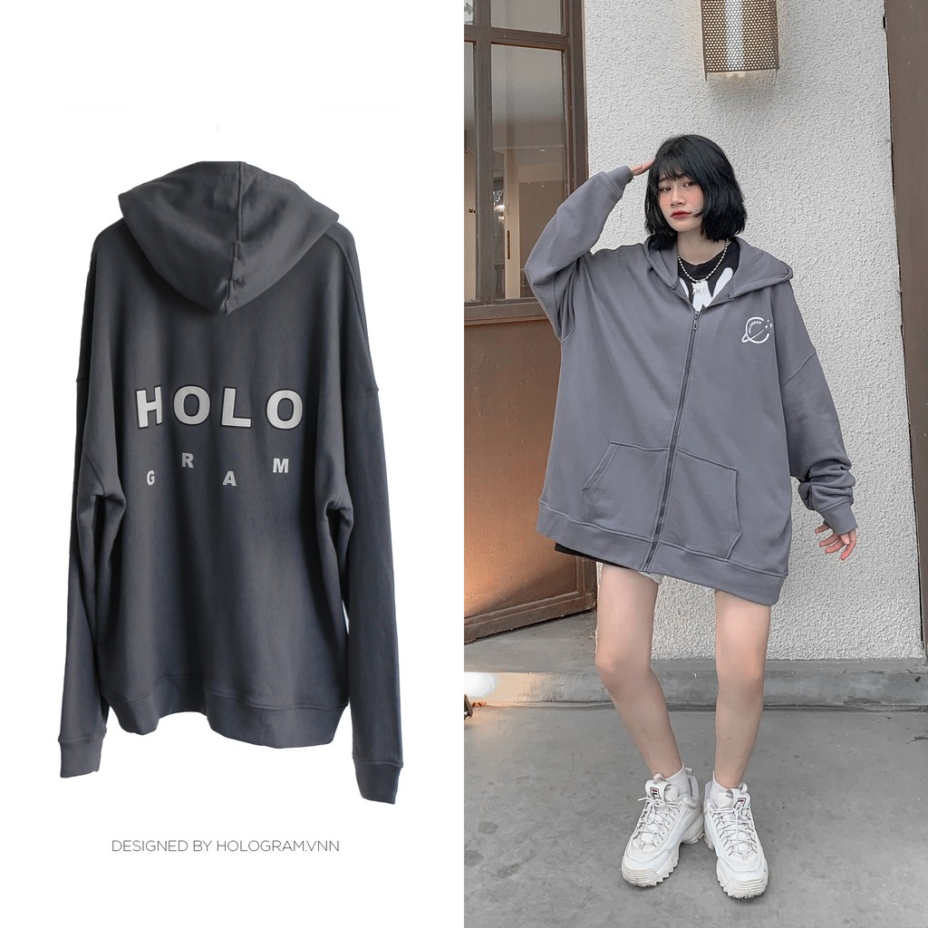 Basic hoodie zip Holo- Xám (Tặng kèm túi Tote Hologram)