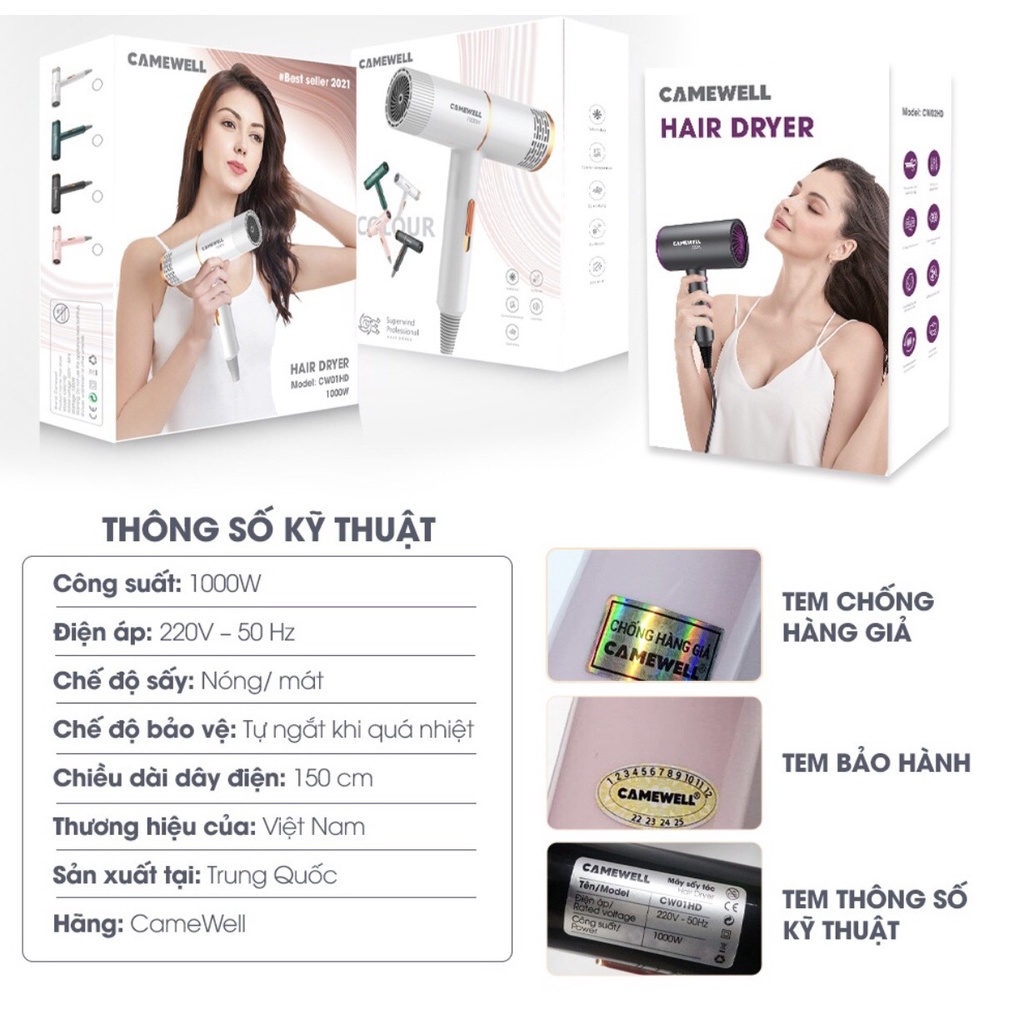 [ BH_12 Tháng] Máy sấy tóc mini CameWell công suất lớn 1000W tạo kiểu tóc chuyên nghiệp bảo vệ tóc