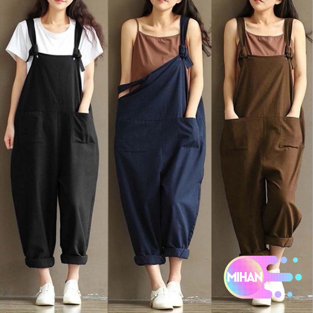 MIHAN1 Casual Playsuits Plus Size Trousers Jumpsuit Womens Cotton Linen Loose Overalls Dungarees/Multicolor