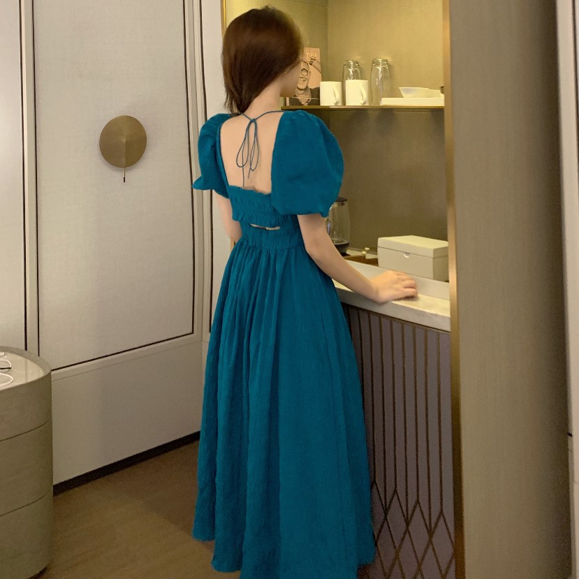 (HÀNG SẴN) Váy xòe dáng dài cổ vuông tay phồng kiểu Pháp xanh lam sang trọng tiểu thư