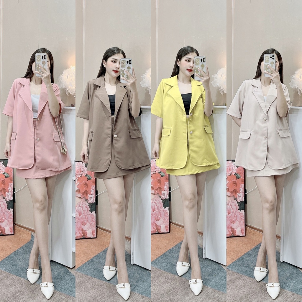 Set vest nữ 3 chi tiết áo vest kèm áo dây mix chân váy cạp cao thời trangI Trần Hân Shop 4012357