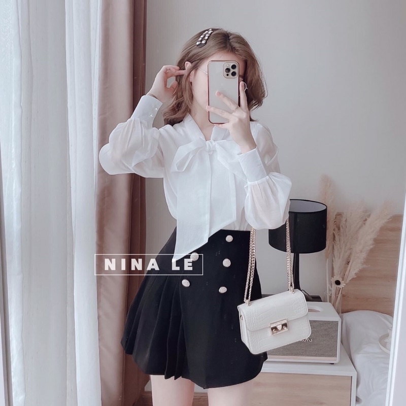 Áo sơ mi cổ nơ bèo,áo nữ công sở kiểu xinh xắn