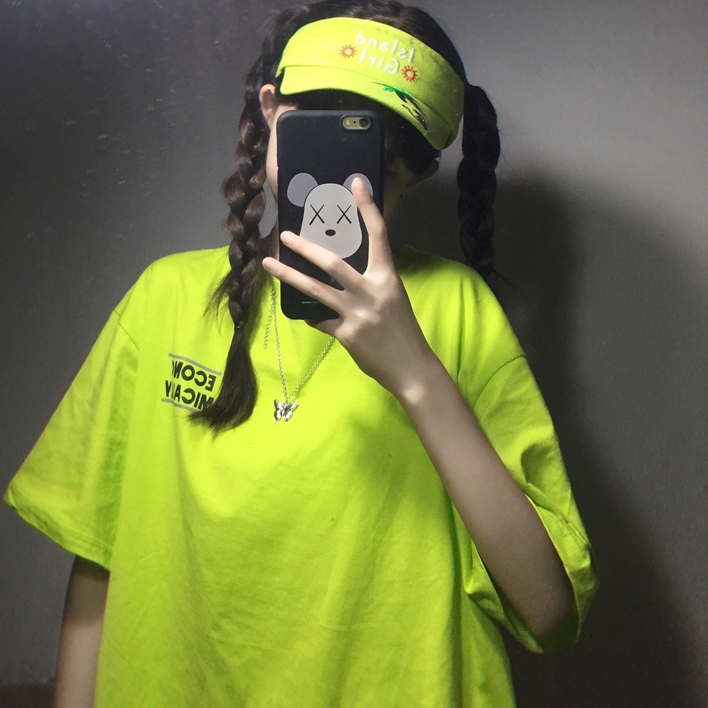 Áo thun tay ngắn màu xanh lá dạ quang in chữ thời trang mùa hè cho nữ