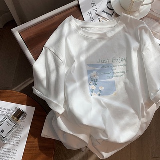 Áo thun FASHMILY 100% cotton tay ngắn cổ tròn dáng rộng in họa tiết thời trang mùa hè phong cách Hàn Quốc cho nữ