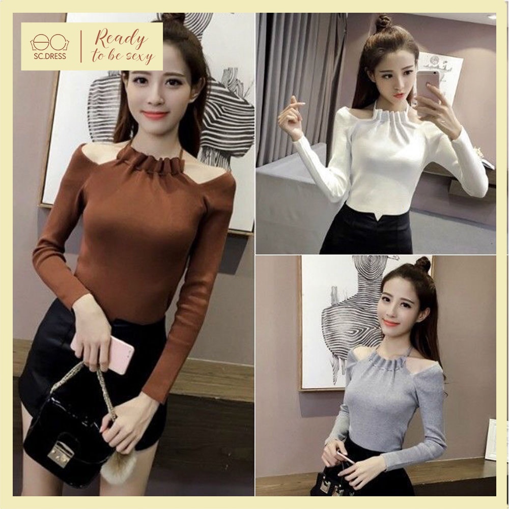 Áo thun body dài tay phối cổ yếm buộc dây nơ thu đông kiểu dáng nữ tính ngọt ngào A00146