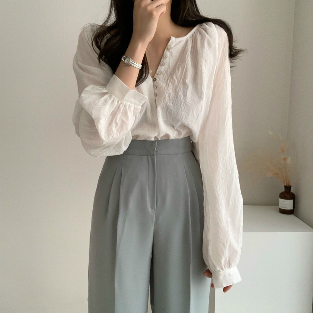 (ORDER) Áo sơ mi nữ dài tay cổ tròn cài khuy mỏng nhẹ thanh lịch vintage Hàn Quốc nhẹ nhàng (MẪU _MỚI_2020)