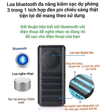 Loa Bluetooth Kiêm Pin Sạc Dự Phòng 10000 mAh Tích Hợp Đèn Pin Siêu Sáng Đa Năng 3 Trong 1