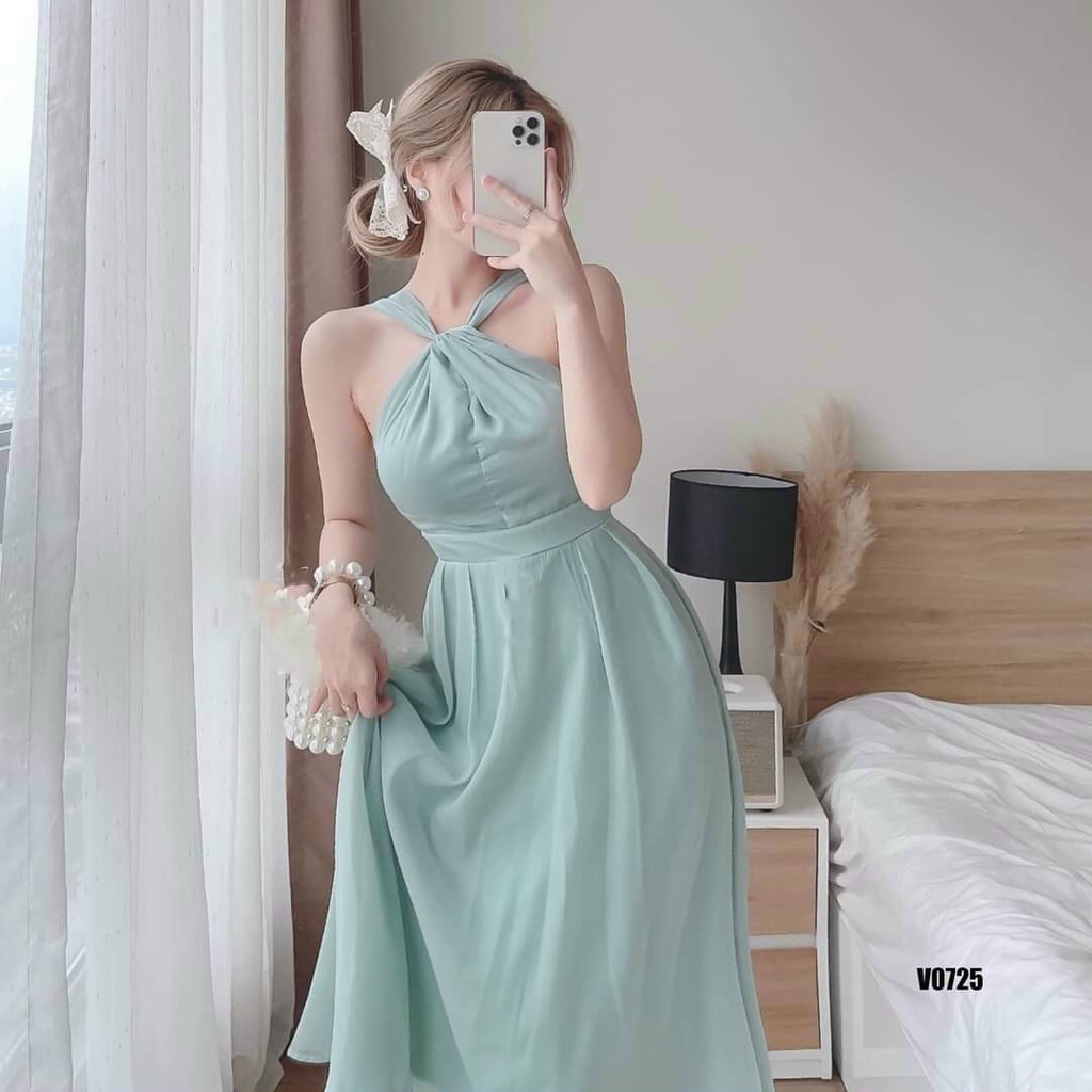 Đầm maxi tiểu thư dáng dài, đầm voan cổ yếm có mút ôm eo dáng xòe đi tiệc, đi biển chanh sả mtb