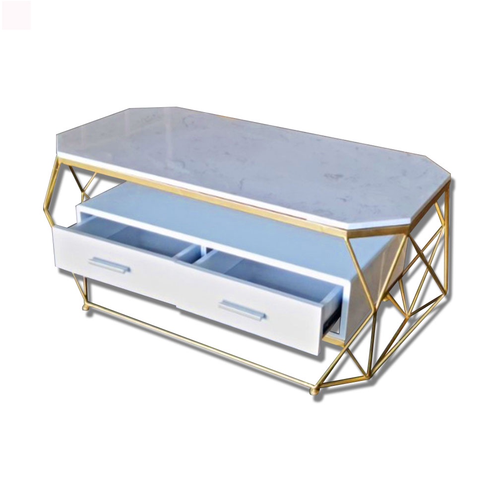 Bàn trà sofa 2 ngăn kéo phòng khách IBIE Paola mặt chữ nhật, chân sắt sơn tĩnh điện, tùy chọn màu sắc, mặt bàn