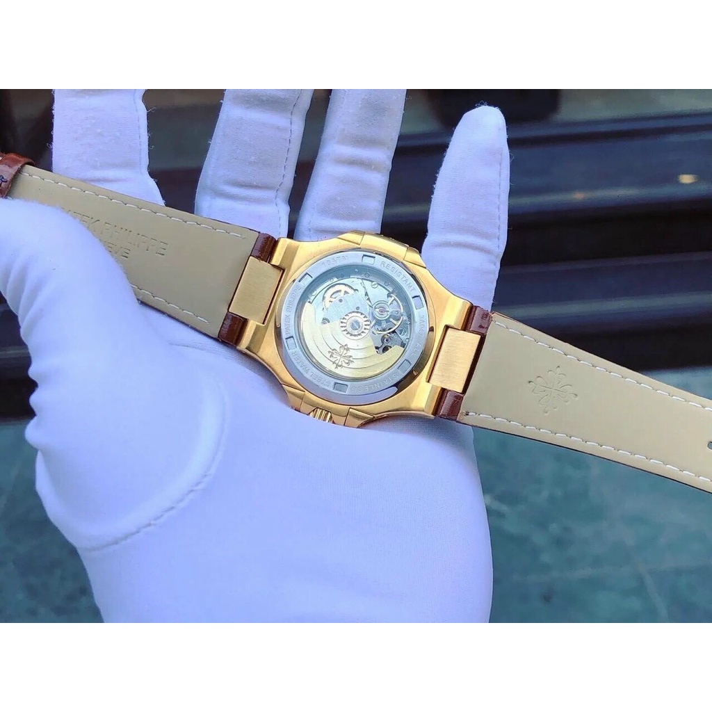 Đồng hồ Nam Pt vuông cơ Automatic size 40mm vành đá mặt xanh vỏ vàng gold và vàng hồng dây da