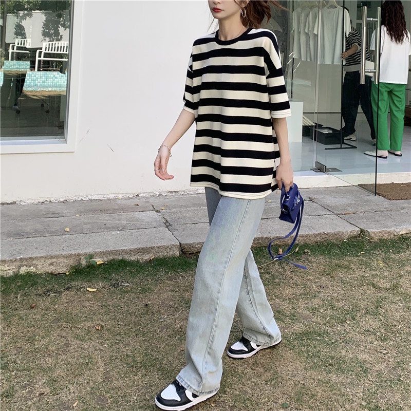 Áo thun SUXI ngắn tay cổ tròn họa tiết kẻ sọc trắng đen phong cách vintage dễ phối đồ thời trang mùa hè