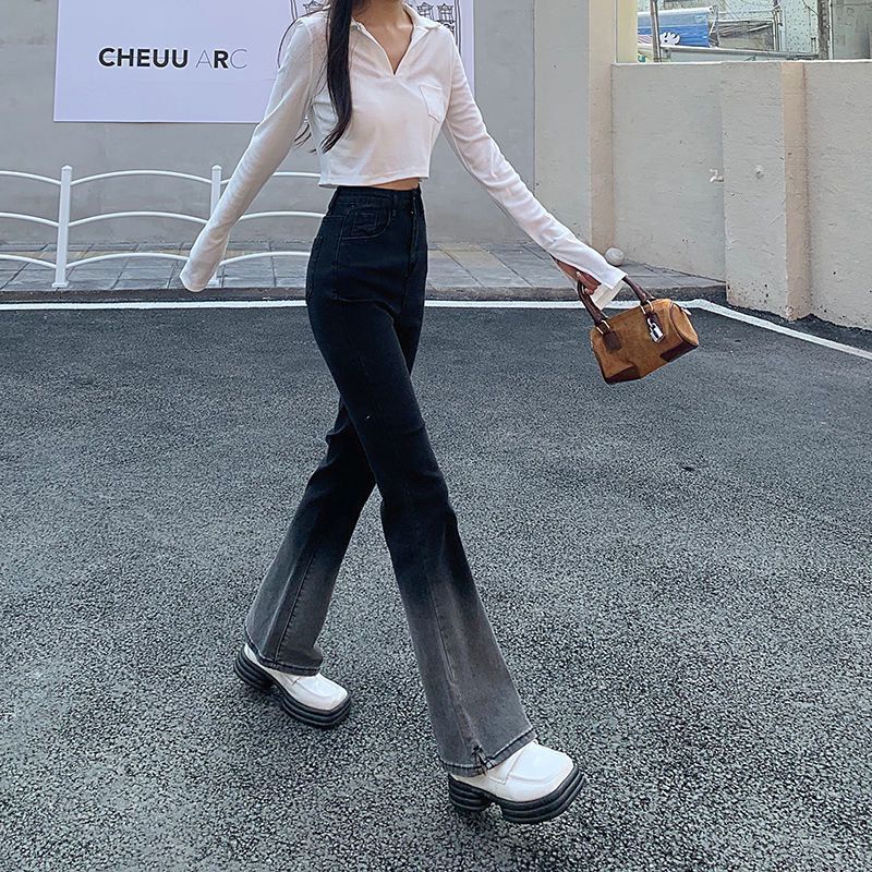 Quần denim Ống Loe Lưng Cao Màu Đen gradient Thời Trang Dành Cho Nữ
