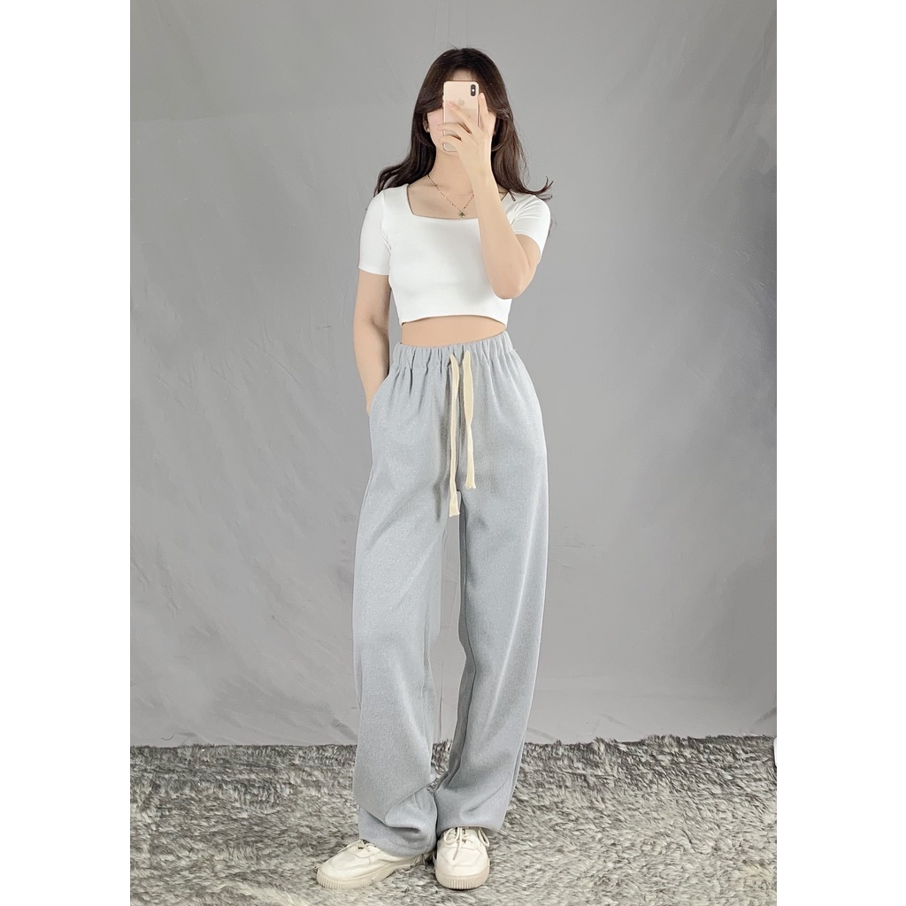 Quần thể thao jogger nữ EMIX (2 màu), unisex, dáng đài, cạp cao, lưng chun, rút dây, viền sọc, bo gấu, nhung tăm 2451