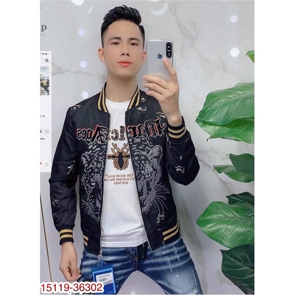 Áo khoác BOMBER cổ tròn thêu hình báo GC loại 1 cực đẹp - Áo khoác nam