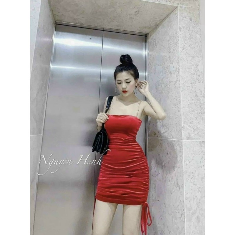 đầm nhung 2 dây xích dây rút | BigBuy360 - bigbuy360.vn