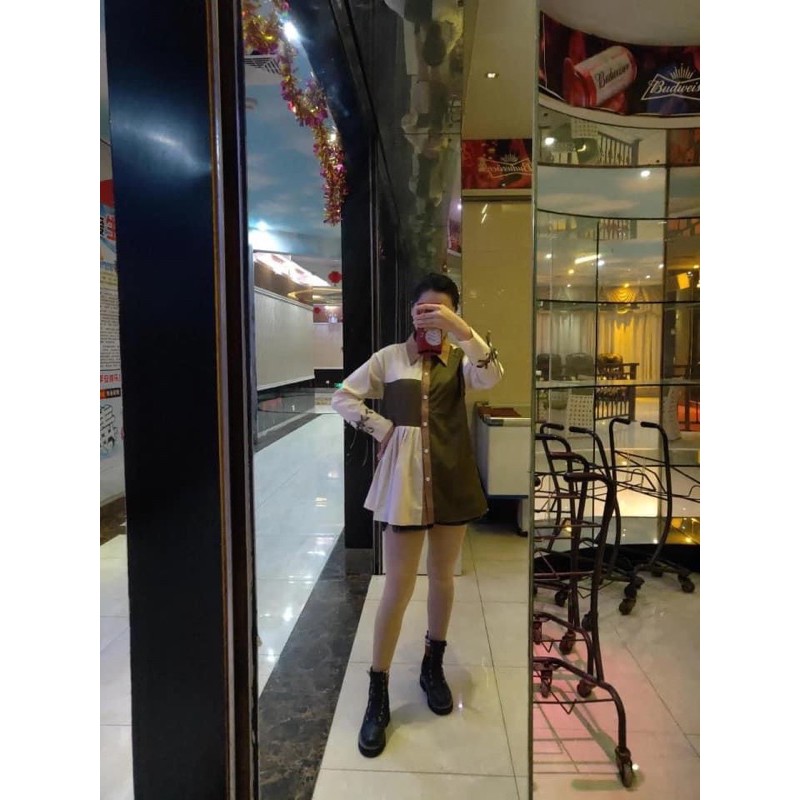 Áo sơ mi phối màu dáng váy giấu quần phom suông rộng dài tay dành cho nữ chất, cá tính thời trang phong cách Ulzzang Hàn | BigBuy360 - bigbuy360.vn