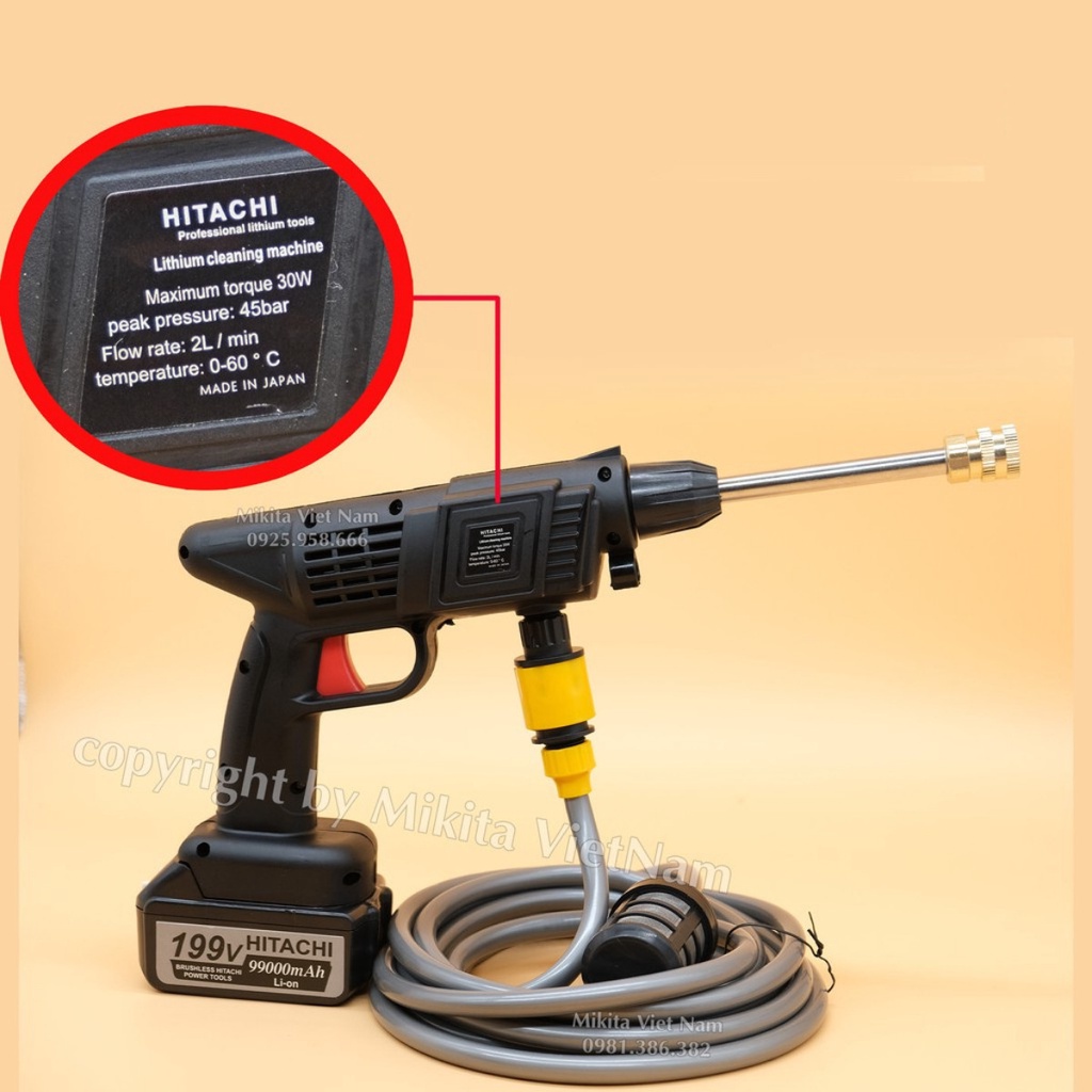 Máy rửa xe dùng pin Hitachi cầm tay, máy rửa xe mini, tặng bộ dụng cụ làm vườn
