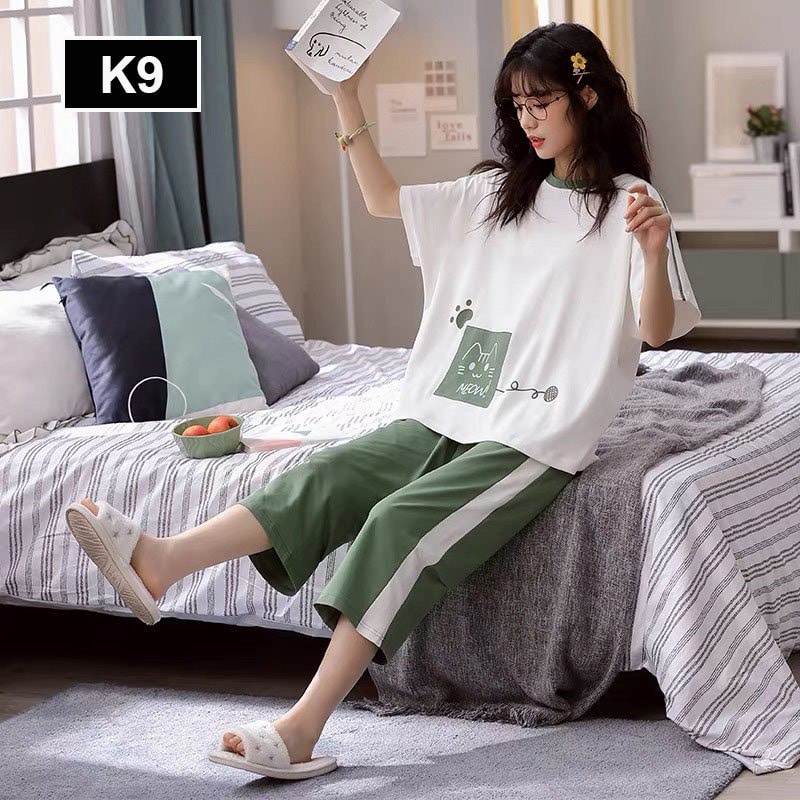 Đồ Bộ Nữ mặc nhà,đồ ngủ dễ thương chất liệu thun cotton thái  dầy dặn, mát mịn (tay ngắn quần lửng)_mẫu K