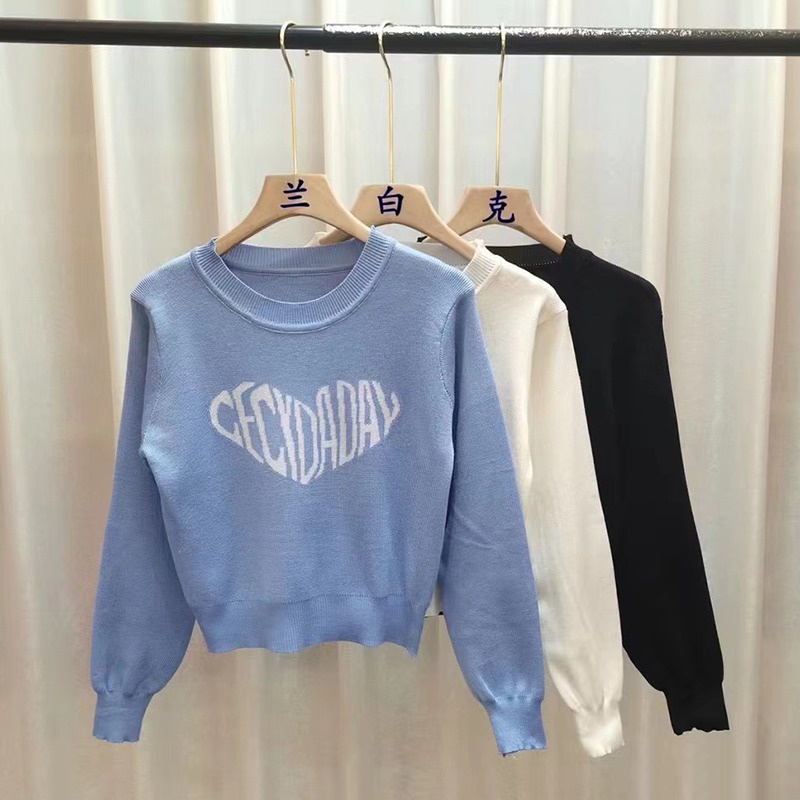 Áo Sweater Tay Dài Cổ Tròn In Chữ Trái Tim Thời Trang Thu Đông Phong Cách Retro Mới