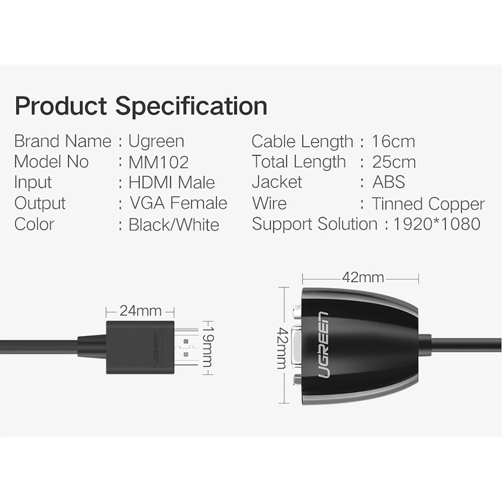 Cáp chuyển đổi HDMI to VGA ( không Audio ) chính hãng Ugreen MM102 cao cấp