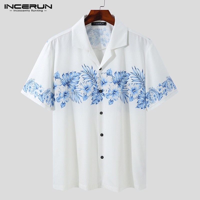 INCERUN Áo Sơ Mi Ngắn Tay Họa Tiết In Thời Trang Đi Biển Mùa Hè Cho Nam
