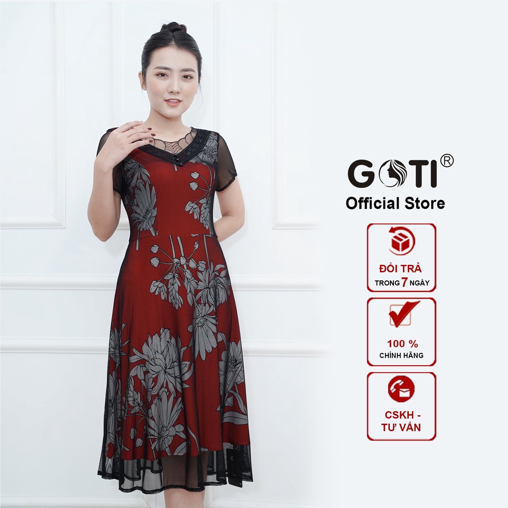 GOTI - Đầm Trung Niên Dự Tiệc Dáng Xòe Dài Qua Gối Phối Lưới Co Giãn Tốt Sang Trọng Cho Mẹ U50 U60 3351 3332
