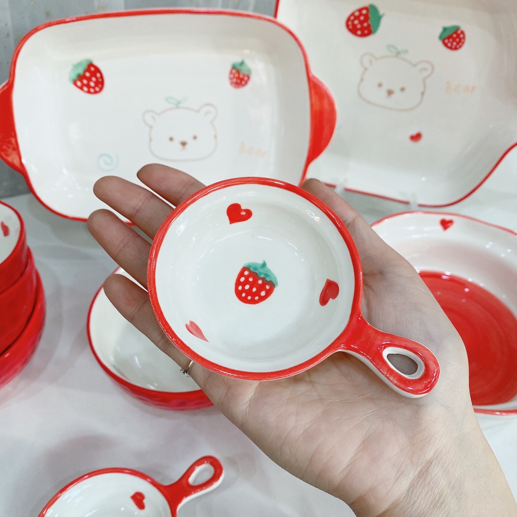 Bộ bát đĩa sứ decor trang trí món ăn dâu tây gấu đỏ 10 món siêu đẹp