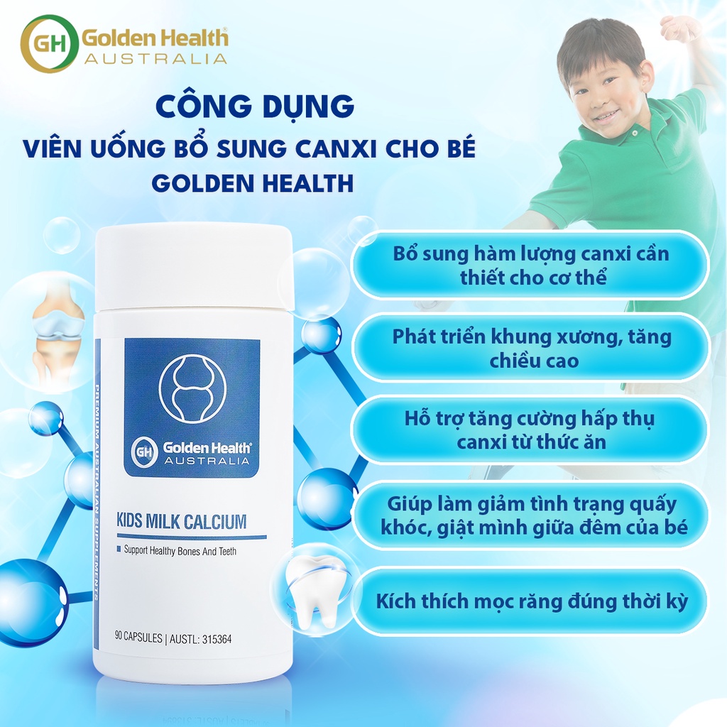 [GOLDEN HEALTH] Viên uống hỗ trợ chắc xương và phát triển chiều cao cho trẻ Golden Health Kids Milk Calcium (90 viên)