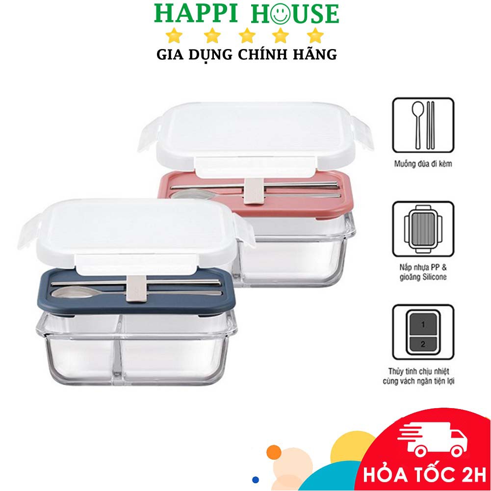 Hộp cơm thủy tinh chia ngăn kèm muỗng đũa LocknLock LLG991CL 930ml - Hàng chính hãng - Happi House