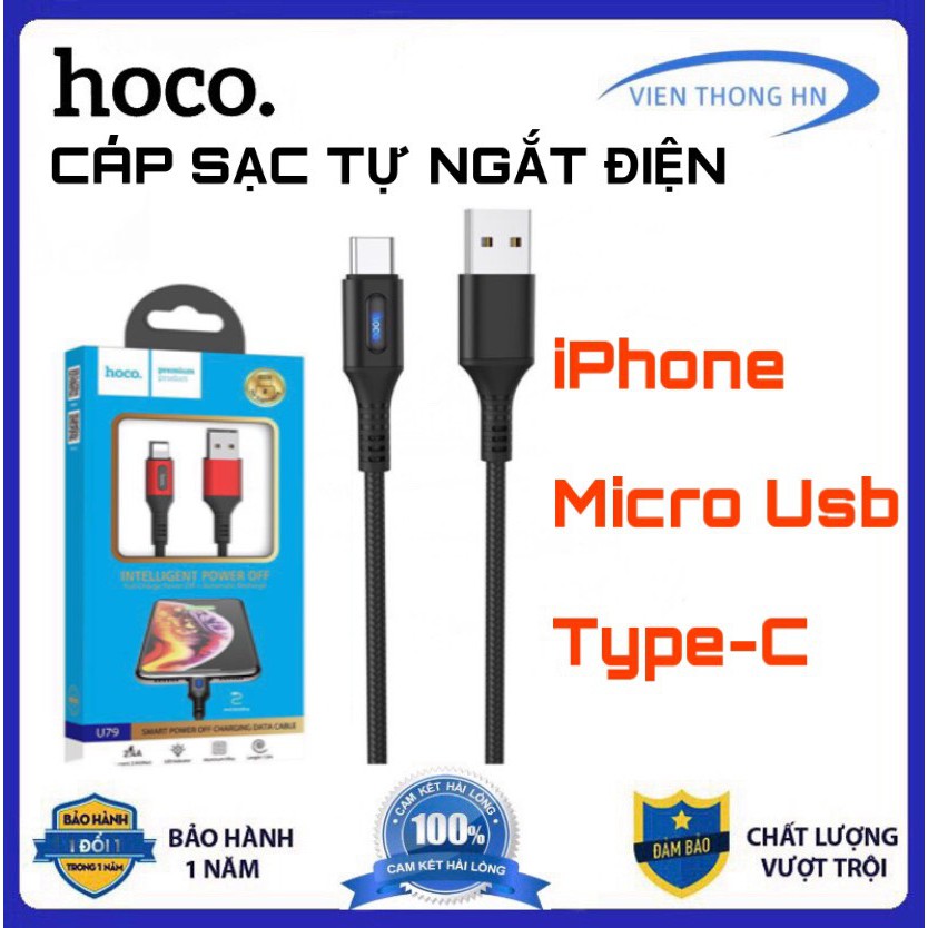 Cáp sạc nhanh 3a hoco u79 tự ngắt điện khi sạc đầy-dây sạc bọc dù cho micro usb andoird ,type c ,ip