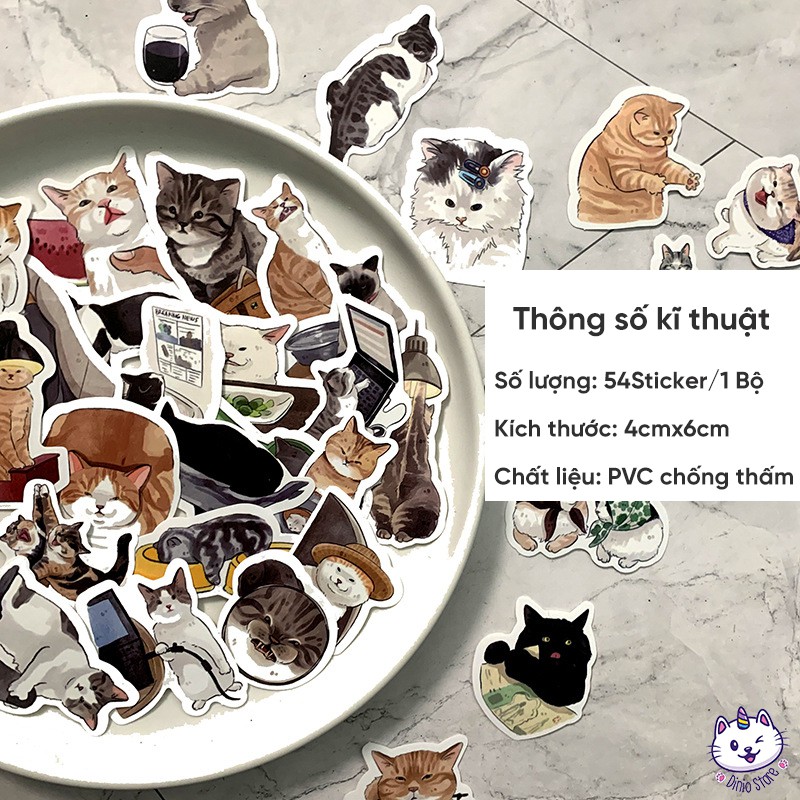 Bộ 54 Sticker Mèo Dễ Thương - Dán Vali, Balo, Laptop, Điện Thoại, Diniopet