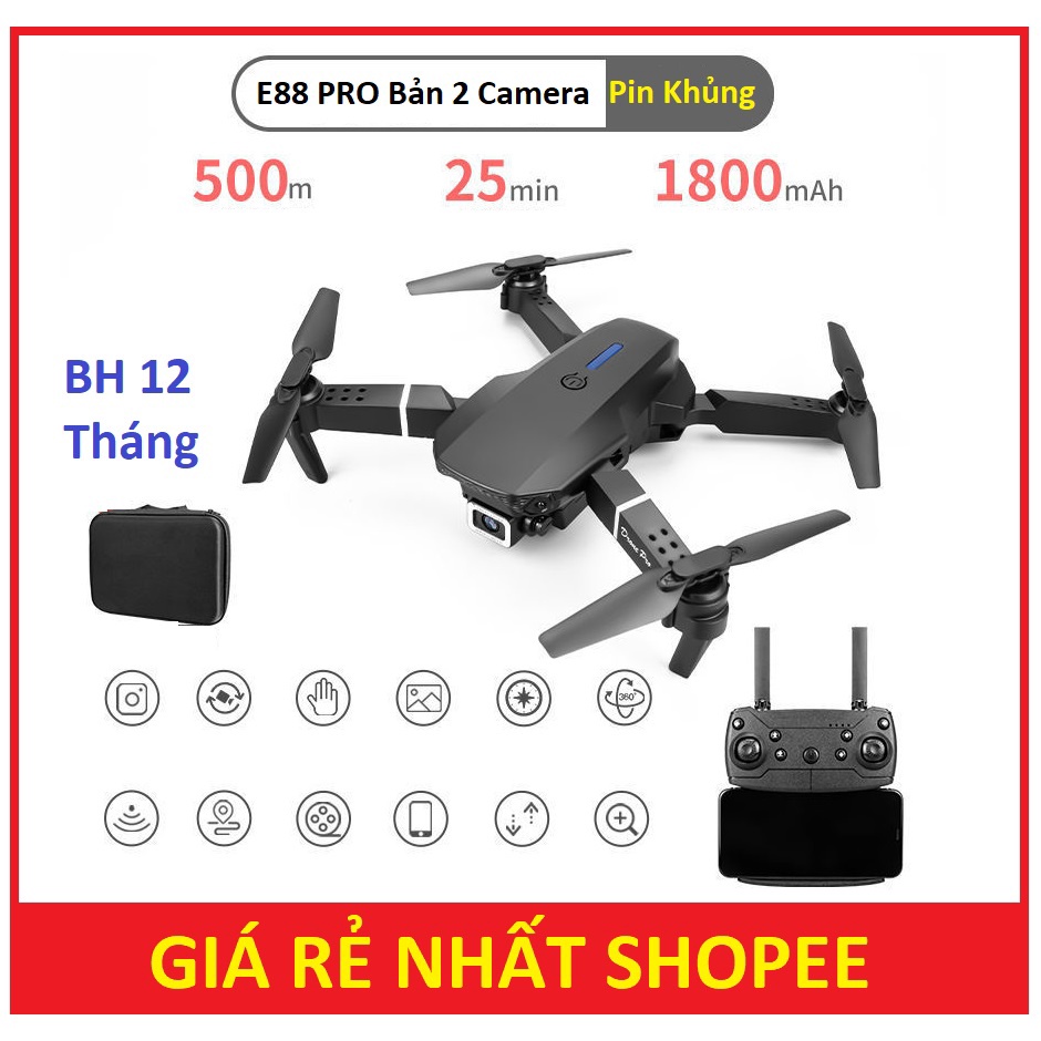 [2 Camera, Pin 25 phút] Flycam E88 Pro Camera Kép Pin Dung Lượng Cao Mẫu Mới