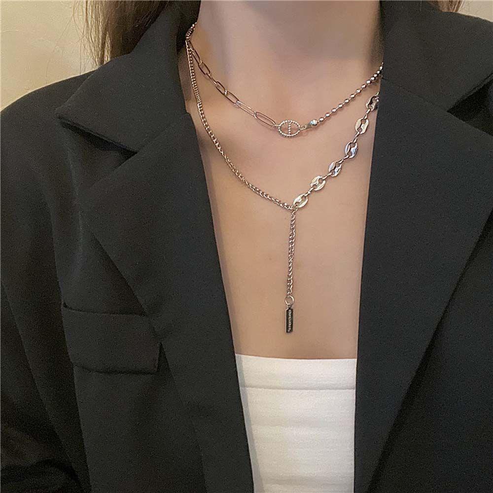 Vòng cổ Hai Lớp Mặt Vuông Phối Tua Rua Phong Cách Hip Hop Hàn Quốc Thời Trang Cho Nữ