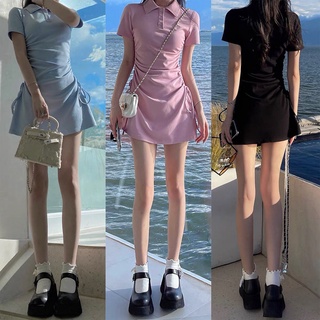 Váy đầm nữ cộc tay cổ polo rút dây eo màu đen hồng xanh phom ôm body dáng ngắn thun bozip co giãn 4 chiều freesize