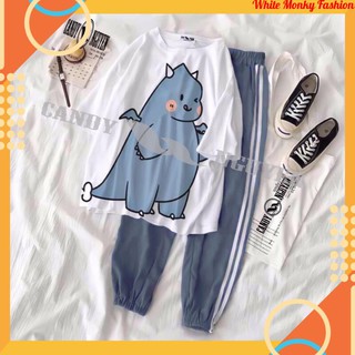 Sét Bộ Đồ Nữ Mặc Mùa Hè Xinh, Áo Thun Nữ Cotton In Khủng Long Xanh Dễ Thương Mix Quần Thun Bo Gấu Kẻ Phong Cách Hàn Quốc