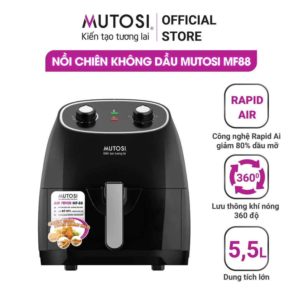 Nồi chiên không dầu Mutosi MF-88 (đen), dung tích 5.5L, bảo hành 24 tháng