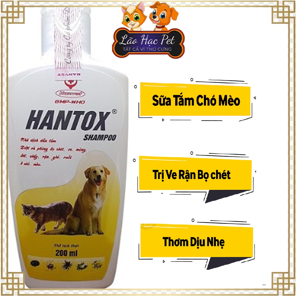 Sữa tắm cho chó - Sữa Tắm Trị Ve Rận Bọ Chét Chó Mèo Hantox Shampoo Vàng 200ml