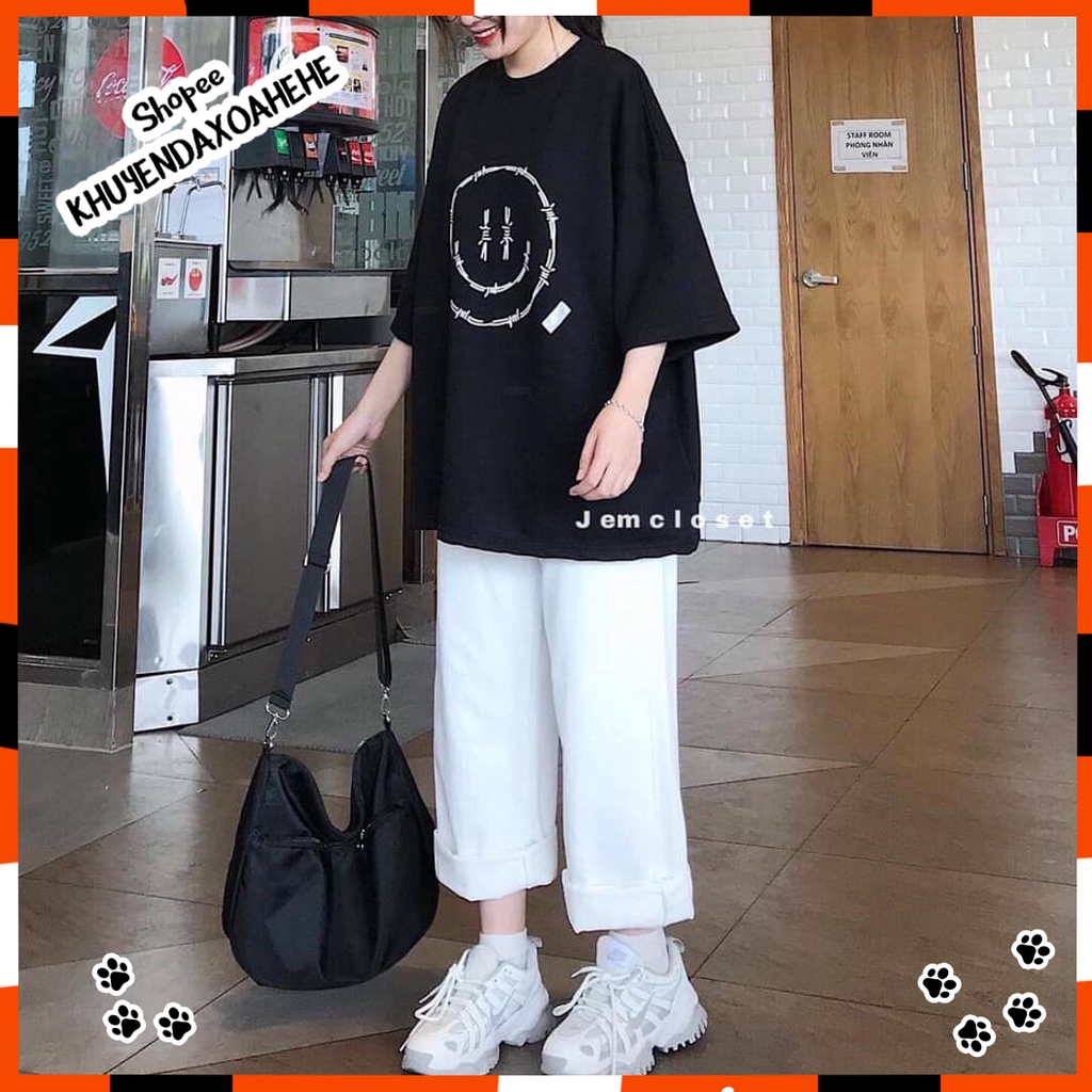 SQ012 Set áo thun đen xanh mặt cười quần kaki ống rộng trắng bộ áo phông cộc tay đen quần culottes suông Ulzzang cute