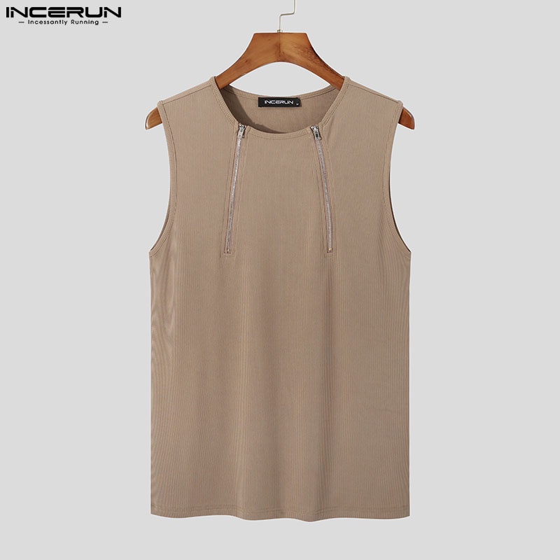 Áo ba lỗ dệt kim INCERUN màu trơn có khóa kéo thời trang mùa hè cho nam