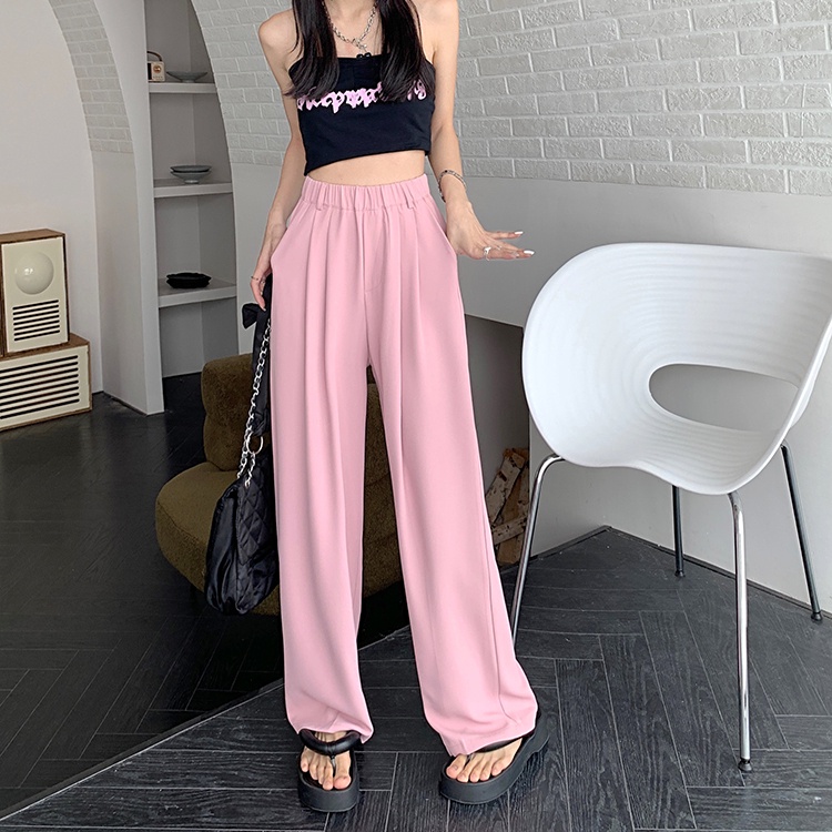 SUXI Quần ống rộng Lưng Cao Co Giãn Màu Sắc Đơn Giản Thời Trang Mùa Hè Cho Nữ